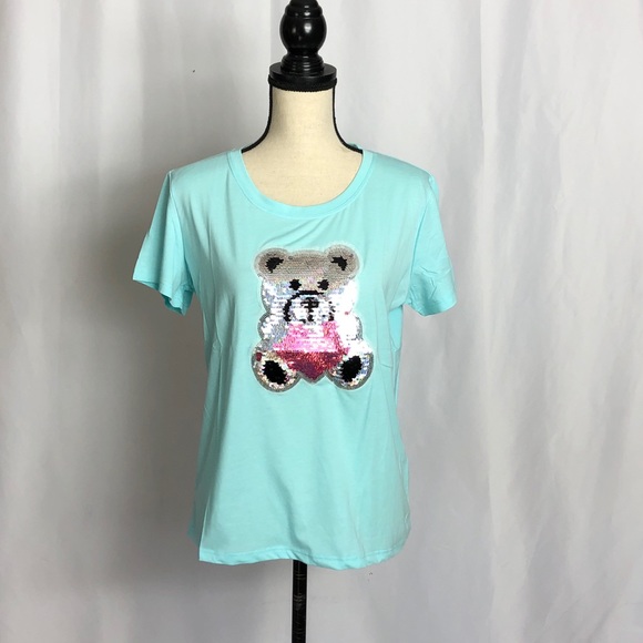 Light Blue Teddy Bear Embroidered T-Shirt NWT - Picture 1 of 5